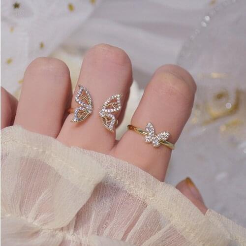 Shiny Side New Accessories Crystal Butterfly Engagement Adjustable Rings for Women Simple Style Pierced Open Rings