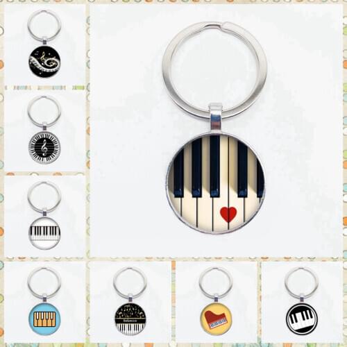 Popular New Piano Note Keychain Pianist Piano Note Pattern Convex Round Glass Pendant Keychain Piano Lovers Favorite Accessories
