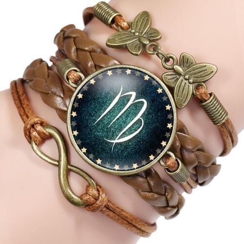 New Arrival 12 Constellation Bracelets Aries Taurus Cancer Virgo Scorpio Sign Glass Cabochon Multilayer Leather Bracelets