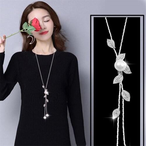 Necklace Ladies Fashion Faux Pearl Tassel Leaves Pendant Long Chain Sweater Necklace Jewelry Accessories 2021