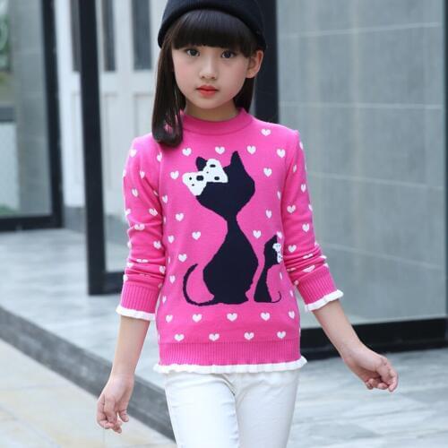Casual Girl Sweaters Baby Kids Long Sleeve Wool O-Neck Animal Cat Pattern Spring Autumn&Winter Sweater Girl Clothes 2 Colors