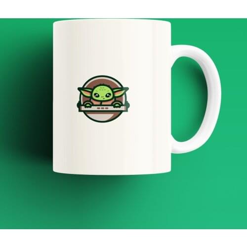Baby Yoda Patterned, Printed White Mug Cup, Porcelain Raw Material, Handle, Gift Product, quality Mug and Printing
