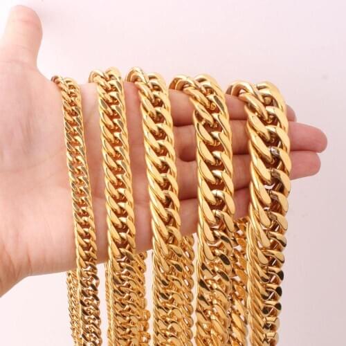 Tiasri Gold Color Curb Cuban Link Chain Man Necklace Bracelet Heavy Stainless Steel Choker Hip-hop Punk Jewelry Wholesale