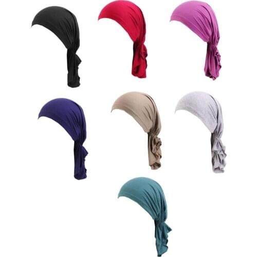 Women Muslim Turban Cap Solid Color Pre-Tied Chemo Headscarf Hair Loss Cover Cancer Slip-On Elastic Beanie Hat