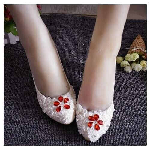 Women pumps white lace middle heel red big crystal rhinestones bridal 5CM Heel brides ladies party wedding shoes for woman