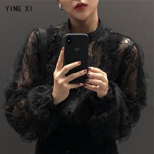 YING XI 2020 Spring Turtleneck Long Sleeves Solid Casual Cardigans Single Breasted Patchwork Lace Women Shirt Top