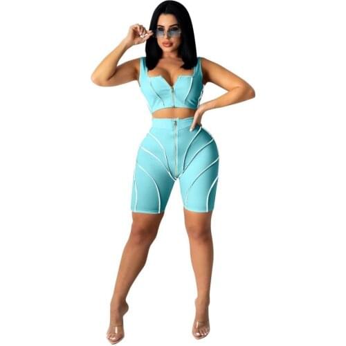 Zipper Striped Hollow Out Two Piece Set Shorts Casual Women Outfit 2021 Fashion Splicing Sling Sports Leisure Suit