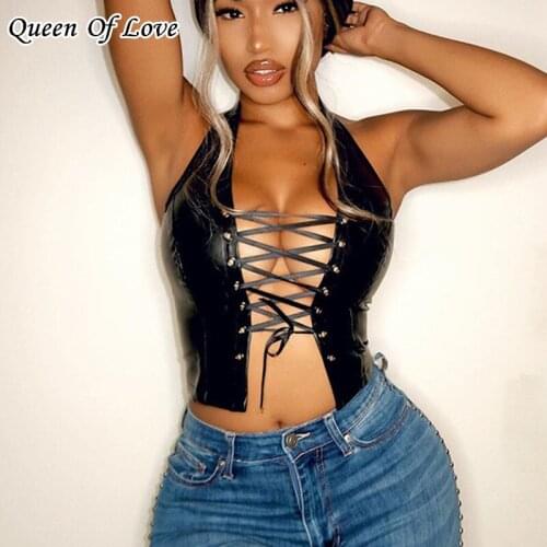 2021 Summer Bandage Black PU Leather Sexy Halter Crop Top Women Chic Sleeveless Club Shirt Female Basic Vest Pastel Goth