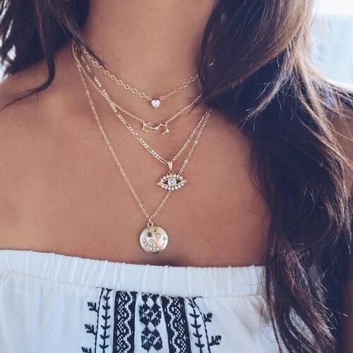 4 Pcs/Set Women Gold Choker Eyes Crystal Stars Moon Round Hearts Multilayer Necklace Charm Party Wedding Jewelry Accessories