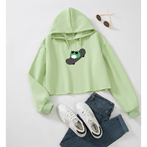 Winter Frog Sweatshirt Women Crop Top Hoodie Harajuku Warm Pullover Oversized Drawstring Cute Hooded Tops Woman Top