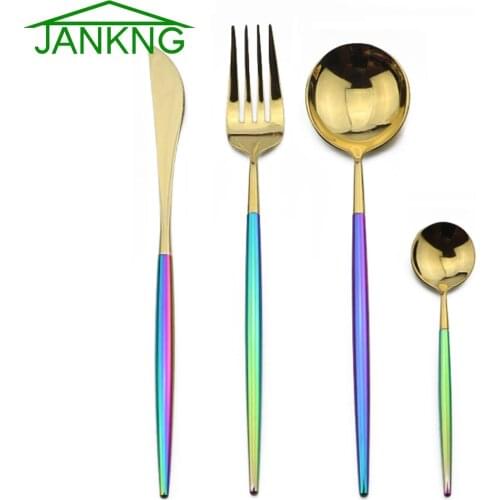 16Pcs Rainbow Dinnerware Luxury Blazing Colorful Gold 18/10 Stainless Steel Silverware Set Rainbow Tableware Cutlery Knife Fork