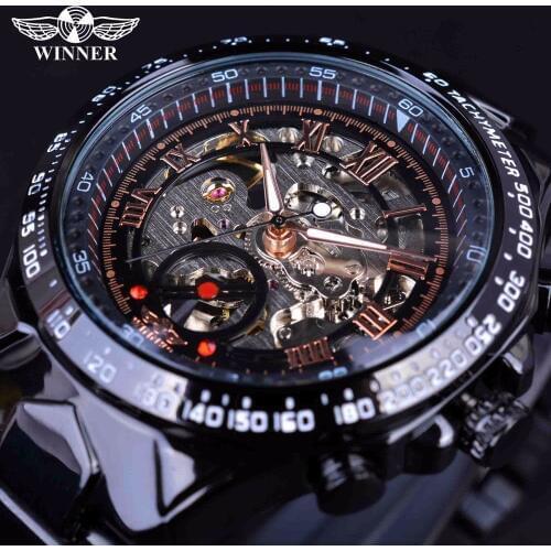 Winner 2017 Sport Racing Design Stainless Steel Case Men Military Watch Top Brand Luxury Automatic Mechanical Skeleton Watches