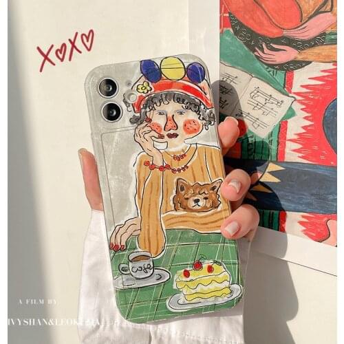 Retro rest time coffee Cherry cake art girl Phone Case For iPhone 11 12 Pro Max Xs Max XR X 7 8 Plus 7Plus case Cute sweet Cover