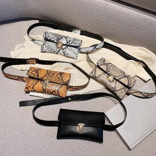 Ladies Snake Print Flap Square Crossbody Shoulder Pouch Thin Belt Waist Bag Snake Print Chain Handbag For Lady Crossbody Bags