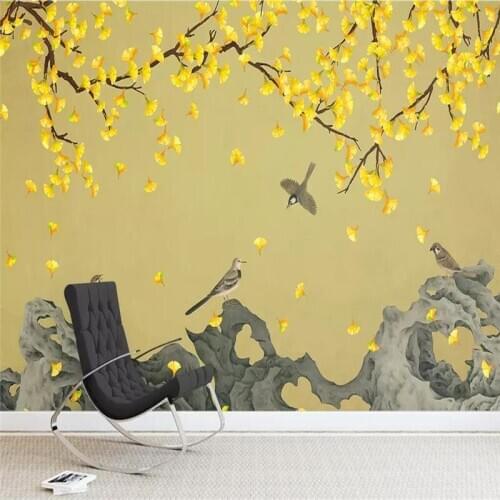 Ginkgo hand-painted flowers and birds background wall professional production murals wholesale wallpaper mural poster photo wall