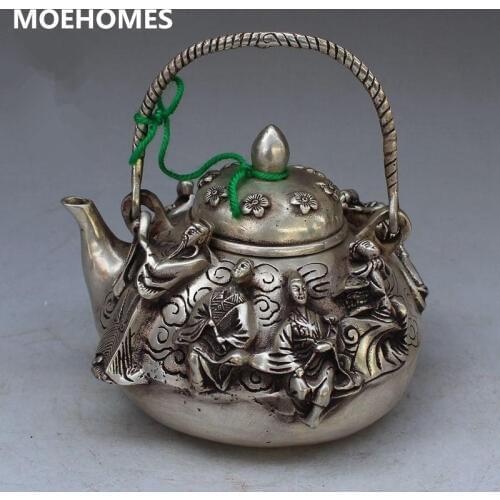 Chinese ancient Tibet silver 8 immortals statue decoration kettle wine pot teapot metal crafts home decoration