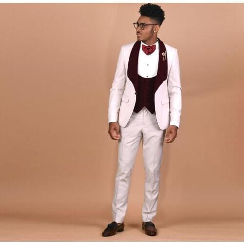 Classic Slim Fit Wedding Tuxedos One Button Burgundy Shawl Lapel Three Pieces Mens Suits (Jacket+Pants+Tie+Vest)
