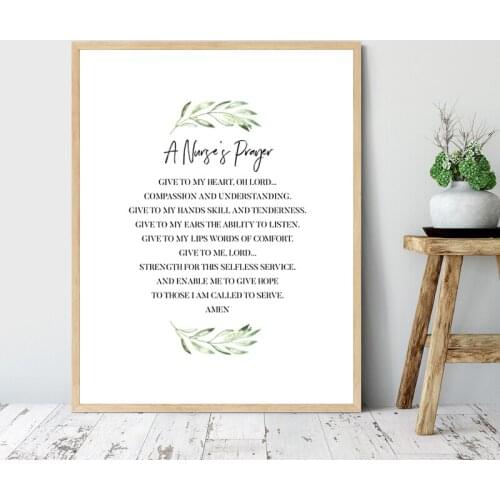 A Nurses Prayer Quotes Art Prints Nursery Wall Decor , Nurse Prayer Watercolour Green Leaf Canvas Painting Children Room Decor