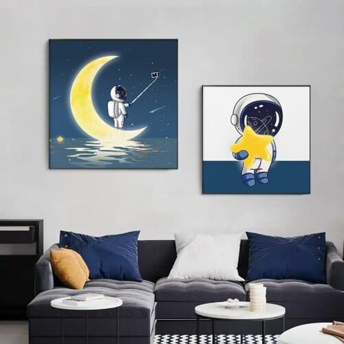 Nordic Cartoon Astronaut Posters and Prints Moon Star Wall Art Pictures Wall Blue Yellow Canvas Painting Nursery Kids Room Decor