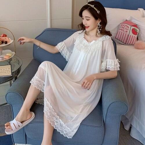 New Lace Palace Nightdress Women Summer Nightgown Princess Long Dress Casual Korean Short-Sleeved Sexy Nightwear Night Shirt