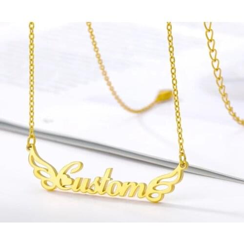 HUHUI Custom Name Necklace Personality Angel Wings Pendant Stainless Steel Necklace For Women Girlfriend Jewelry Birthday Gift