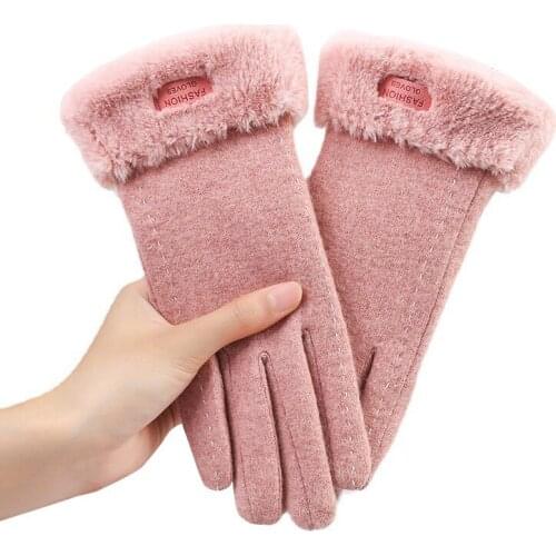 Womens Gloves Autumn and Winter Wool Fleece Lined Touch Screen Warm with Velvet Korean Style Fashion Riding Windproof