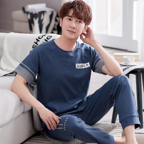 Summer Men Cotton 2PCS Pajamas Sets Short Sleeve&Pant Lounge Home Wear Soft Student Sleepwear Nightwear L XXL 3XL Pyjamas Suit
