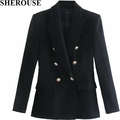 SHEROUSE 2021 Women Fashion With Pockets Double Breasted Solid Blazer Long Sleeve Notched Neck Vintage Female Coats Chic Tops