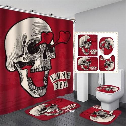 Skeleton Halloween Decoration Bathroom Carpet Toilet Cover Mat Waterproof Shower Curtain with Free Hull 4-piece Bathroom Set