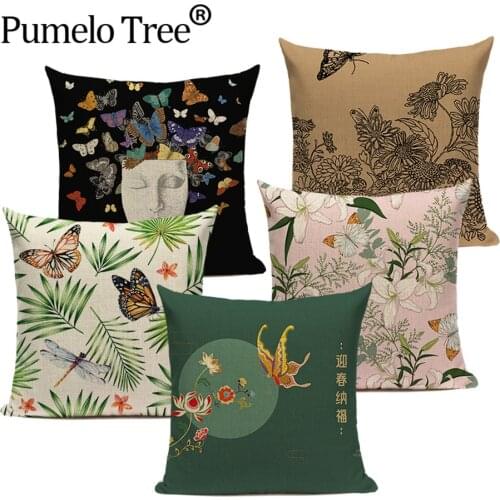 Vintage Butterfly Cushion Cover Decor Plant Floral Plant Pillowcase for Sofa Linen Home Decoration Pillowcase 45*45cm Almofadas