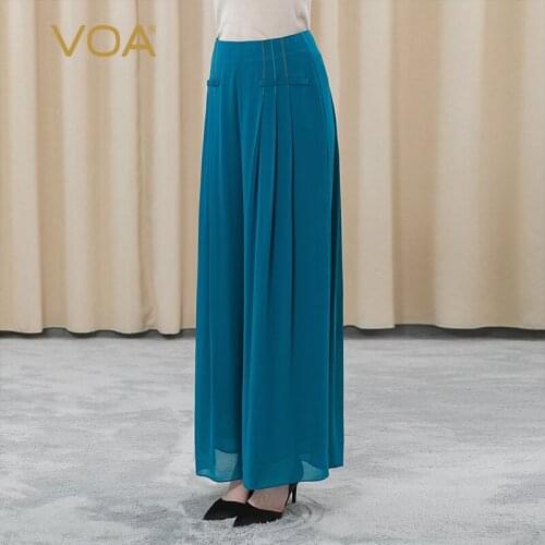 VOA Blue Silk Georgette Streetwear Women Trousers KE233 Bright Line Decoration Mid Wide-leg Women Bottoms Pants Spring 2021