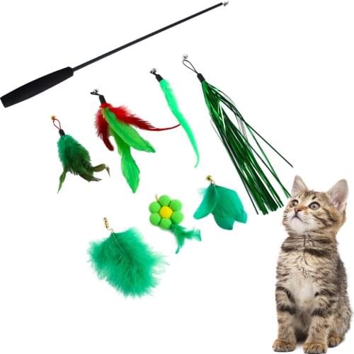 Cat Retractable Wand Toy Set with 7 Piece Teaser Wand Replacement Toy for Kitten Cat Having Fun Exercise Playing
