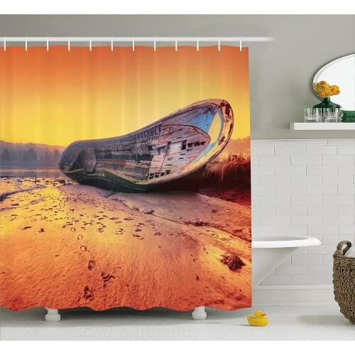 Ocean Decor Shower Curtain Scrapped Old Rusty Ruined Damaged Ship Sitting on The Sandy Beach Dramatic Scenery Bathroom Curtains