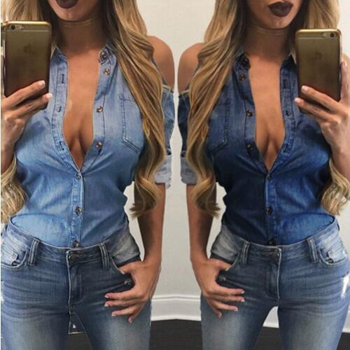 Hot sale sexy Women Jeans Off summer The Shoulder turn-down collar Long Sleeve Vintage Blouse Casual Loose Long Sleeve Blouse