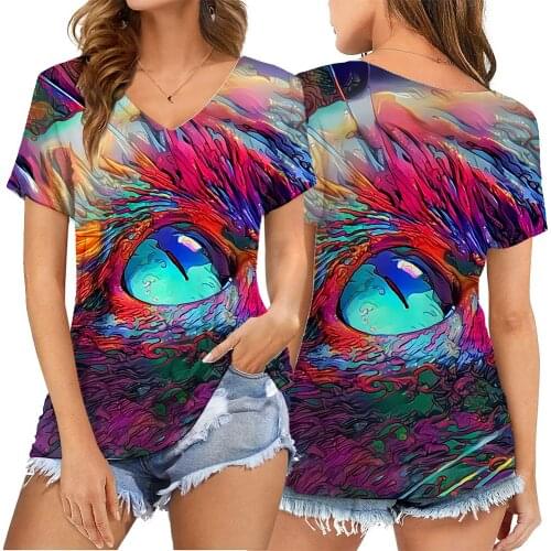 Demon Eye T Shirt Bohemian Style Floral Print Women T Shirt Short Sleeve V Neck Loose Women Tshirt Ladies Summer Tops Clothes