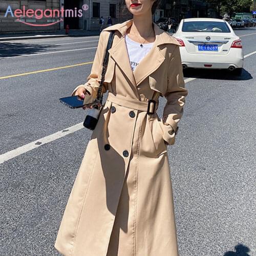 Aelegantmis Women Solid Color Double Breasted Trench Coat with Belt Female Plus Size Loose Long Windbreaker Autumn Outerwear New