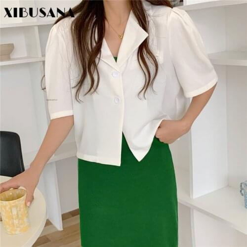 French Retro Single-Breasted Short Blazers Women Short Sleeve Pocket Blazer Collar Tops Office Ladies Jackets New Short Shirts