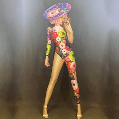 Nightclub Theme Party Women Play Role Costume GoGo Doughnut Print Bodysuit Headwear Stage Dress Performance Festival Outfit 1938
