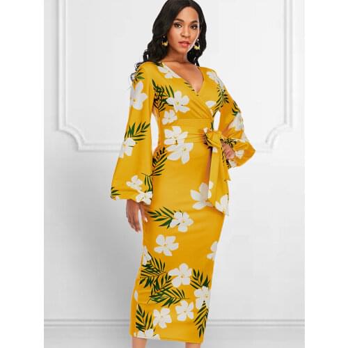 Long Sleeve V Neck Floral Print Midi Dress Women Plus Size Slim Fit Waist Belt Party Date Night Dresses Vintage Fashion Clothing