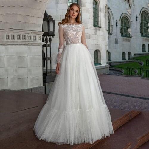 Thinyfull Princess Boho Boat Neck Wedding Dresses A Line Long Sleeve Floor Length Bridal Gown Lace Appliques Vestidos De Novia