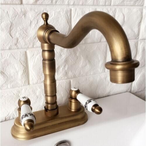 Antique Brass 4" Centerset Kitchen Bathroom Vessel Sink Two Holes Basin Swivel Faucet Dual Ceramics Handles Water Tap aan067