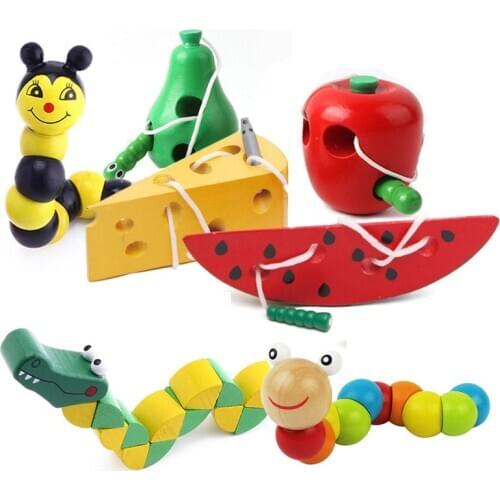 Baby Wooden Toys Worm Eat Fruit Cheese Wood Toys Baby Kids Educational Toys Rope-piercing Montessori Toys Gifts M0040