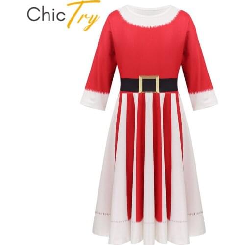 ChicTry Kids Polyester 3/4 Sleeves Pull-on Digital Printed Striped Dress Roleplay Party Xmas Clothes Girls Christmas Costume
