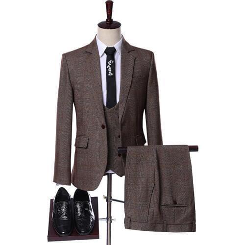Elegant Designs 2019 Casual Business Brown Plaid 3 Pieces Formal Dress Mens Suits Set Men Wedding Suit For Men Groom Tuxedos
