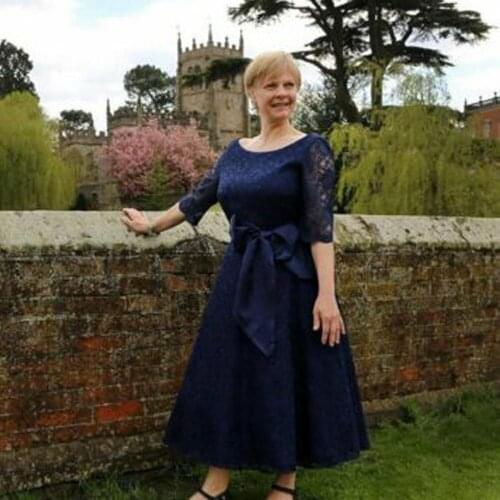 Elegant Navy Blue Lace Mother of the Bride Dresses Half Sleeves Mother Formal Occasion Dress Ankle Length Plus Size Evening Gown