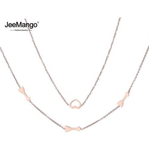 JeeMango 2 Layers Necklace Stainless Steel Fashion Jewelry Rose Gold Cupids Arrow & Heart Necklaces For Christmas Gift JN18278