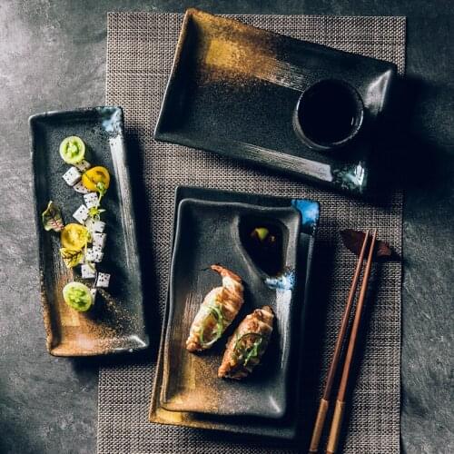 Creative Rectangular Ceramic Plate Japanese Retro Sushi Plate Dumpling Flat Plate Household Tableware Kitchen,Dining & Bar