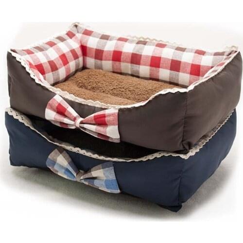Cute Pet House Soft Warm Bow Lace Square Grid Cat Dog Bed Puppy Kennel Nest Dachshund Chihuahua Fleece Camas Para Perros S M L