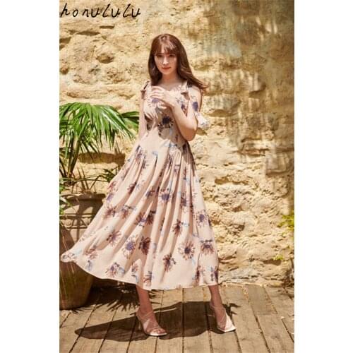 2021 summer new Japanese xiaojima Yangna same paragraph sunflower print bow shoulder strap streamer dress female