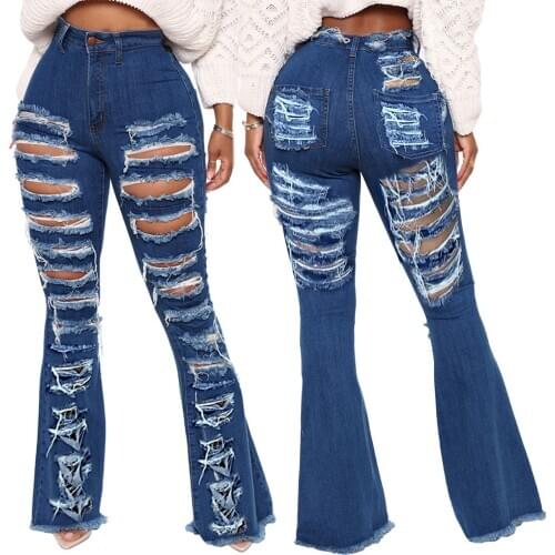 Sexy Ripped Jeans Fringe Hollow Out Flare Trousers Front Back Hole Boyfriends Denim Pants Plus Size Skinny Bodycon Cowboy Pants